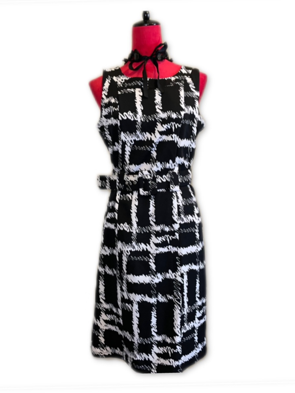 Voir Voir Black & White Geometric Belted Midi Dress